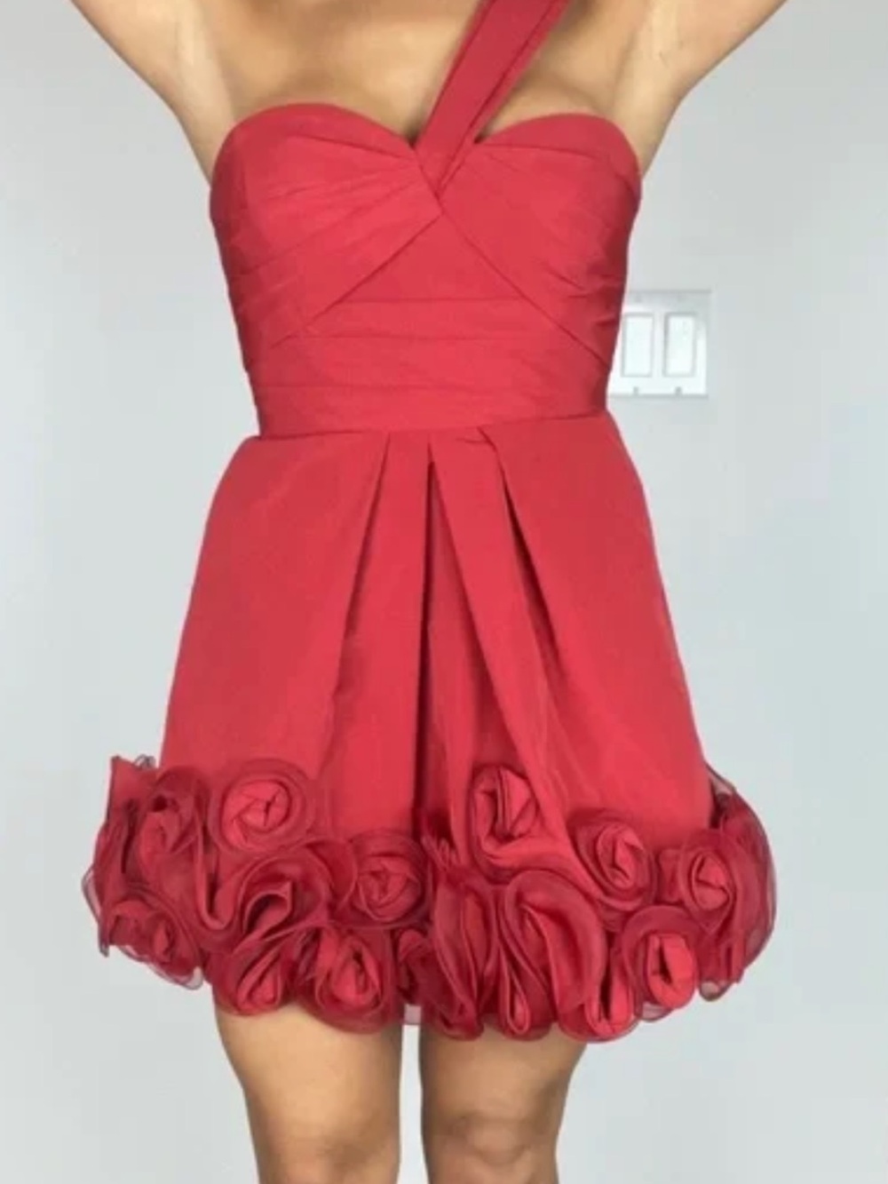 BCBGMaxAzria Red One-Shoulder Rosette Hem Party Dress